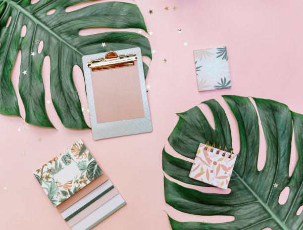 女性创意设计工作区。笔记本，粉红色背景的热带树叶，博客概念图片下载