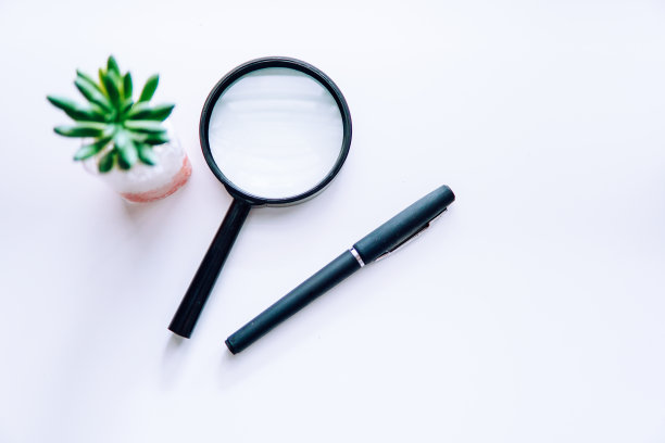 企业财务的概念。白色背景上的黑色钢笔和放大镜。本空间图片下载