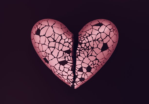 破碎的经典形状上的黑暗背景，停止爱的概念，3d渲染图片下载