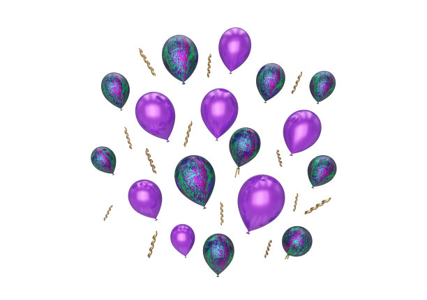 许多美丽的轻紫色气球飞行孤立的白色，3d渲染图片下载