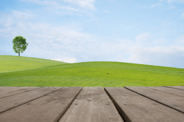 木地板在美丽的绿色草地上，山上有白云，蓝天和树木图片下载