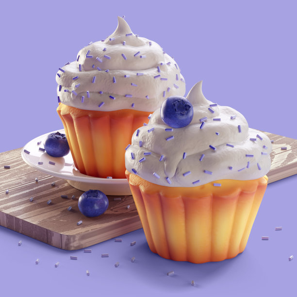 一个美味的松饼与白色奶油和蓝莓装饰的3d渲染图片下载