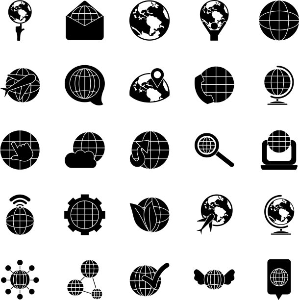 信封和世界图标设置剪影风格图片下载