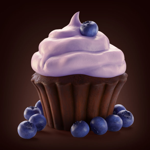 一个巧克力松饼的3d渲染紫色奶油和蓝莓装饰图片下载