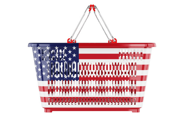 带有美国国旗、市场篮子或购买力概念的购物篮。3D渲染孤立的白色背景图片下载