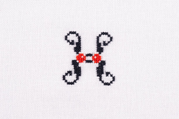 字母H绣花十字绣拉丁字母在白色亚麻织物手工近景图片下载