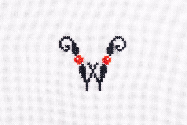 字母W绣花十字绣拉丁字母在白色亚麻织物手工近景图片下载