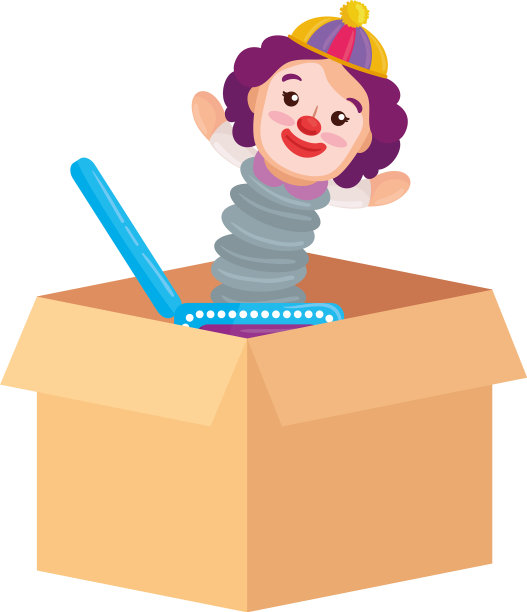 小丑玩具在盒子纸箱在白色的背景图片下载