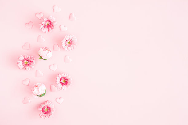 情人节的背景。粉色的花，淡粉色背景上的心。情人节的概念。平铺，俯视图，拷贝空间图片下载