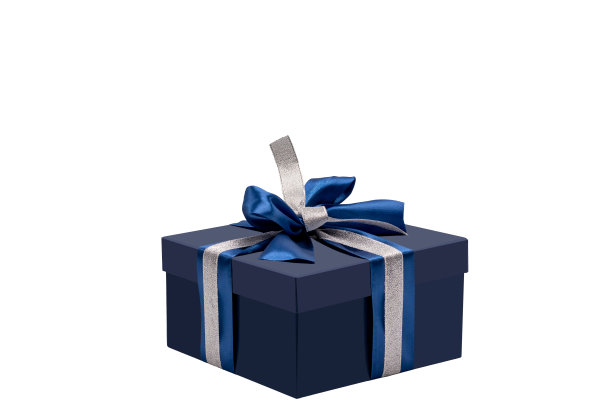 蓝色礼盒，用银蓝丝带系上蝴蝶结，孤立在白色背景上。图片下载