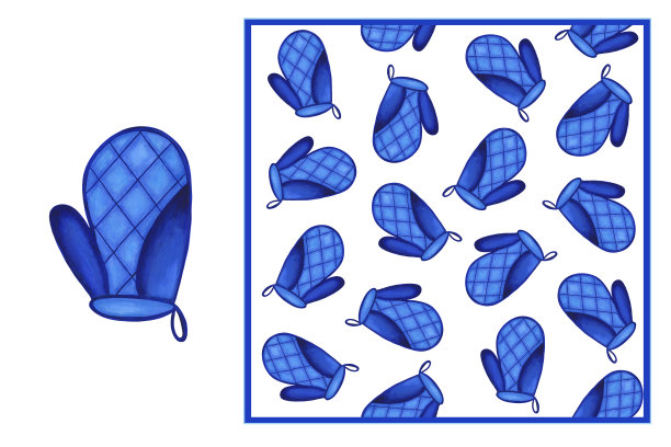 设置-蓝色厨房手套图标和无缝模式上的白色背景。烹饪手套。水彩插图。菜单设计，打印在织物上。图片下载