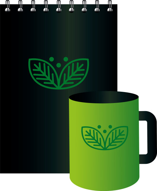 模型杯和笔记本与标志绿色公司图片下载