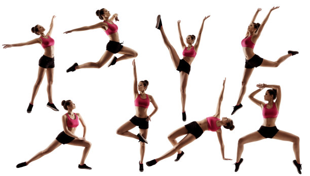 一套运动妇女健身锻炼。普拉提锻炼侧影。穿着运动服的健美女孩跳下蹲。孤立的白色图片下载