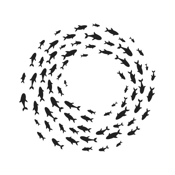 鱼的轮廓学校与海洋生物的各种大小的游泳鱼在圆形平面风格设计矢量插图。图片下载