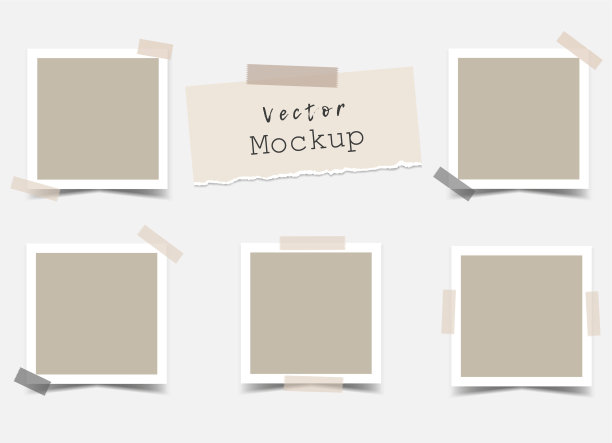 一套方形相框，用胶带和一张撕破的纸。设计，投资组合，社交媒体或品牌的模型。情绪板空白模板。矢量3d逼真。5张空照片卡。图片下载