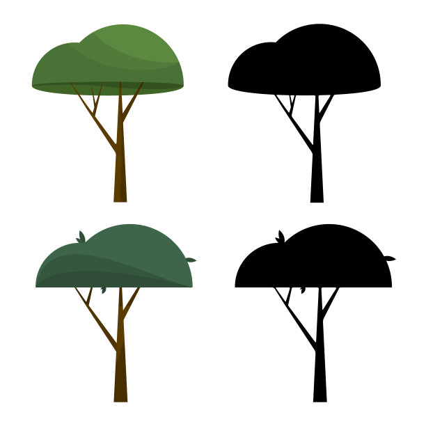 绿色树木和黑色树木的轮廓在平面风格孤立的白色背景。图片下载