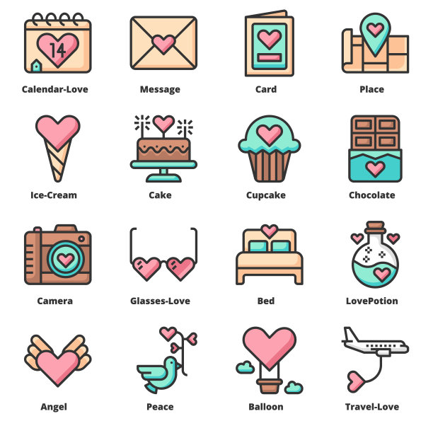 爱情图标矢量插图，爱情象征情人节图片下载