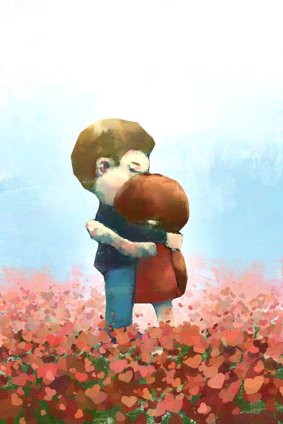 数码艺术绘画一套可爱的男孩和女孩，情人节，爱卡，丙烯酸帆布纹理。图片下载