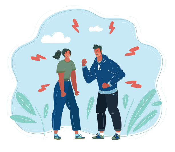 一对卡通夫妇在蓝色上对对方生气图片下载