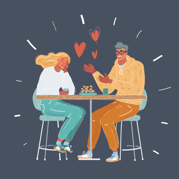 矢量插图的男人和女人坐在桌子。糟糕的约会，单相思，跟踪，骚扰，黑暗的背景。图片下载