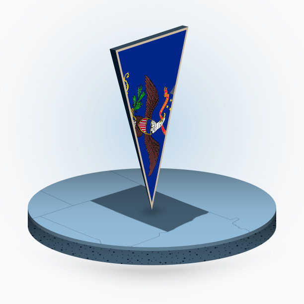 北达科他州地图在圆形等距风格与三角形3D旗美国州北达科他州图片下载