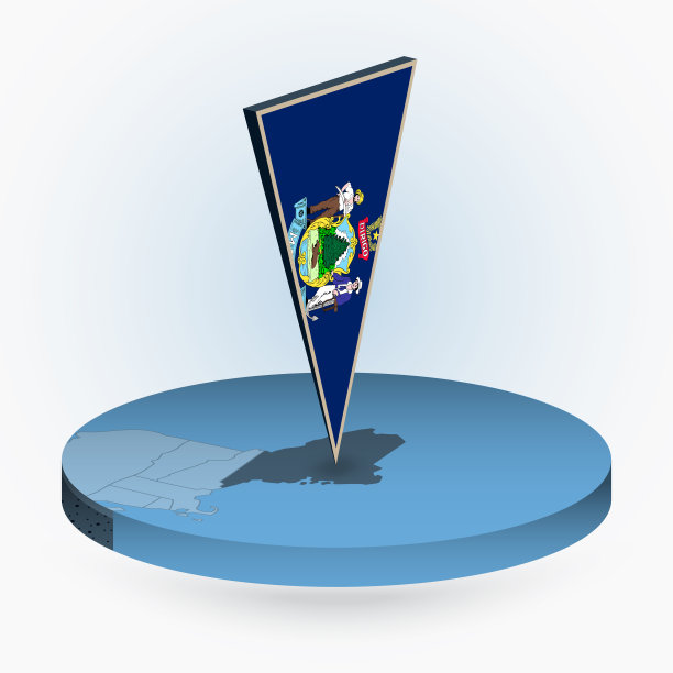 缅因州地图在圆形等距风格与三角形的美国州缅因州的3D旗图片下载