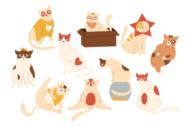 猫宠物可爱的人物设置，卡通可爱的毛茸茸的动物在不同的姿势收集图片下载