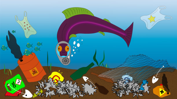 在被污染的海洋里戴着防毒面具的鱼图片下载