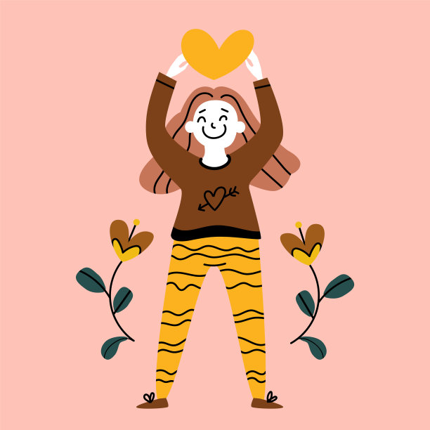 积极可爱的女人是抱着一颗用心的心。矢量Eps股票孤立绘制插图。爱自己，关爱自己，爱自己的身体，幸福自信的理念。卡:自立，相信图片下载