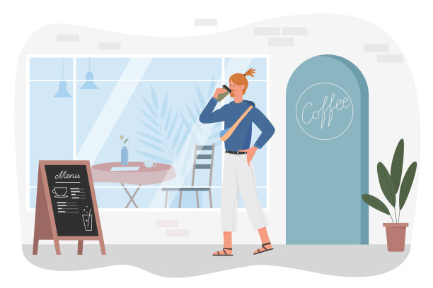喝外卖咖啡的男人，站在咖啡馆旁边的卡通潮人，咖啡店图片下载