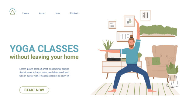 瑜伽课，在线课程网站模板与瑜伽师练习瑜伽体式在家里的房间图片下载