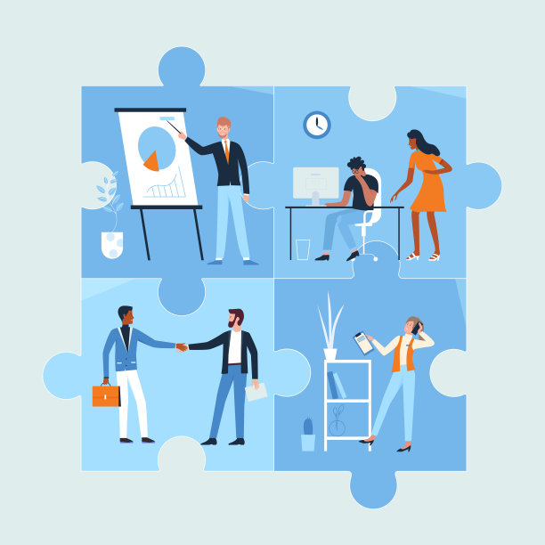 商务人士在办公室、会议和交流中工作，就像一个个相连的拼图图片下载
