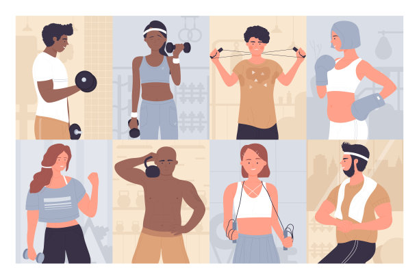 人们在体育训练中锻炼，卡通活跃的运动员在做运动图片下载