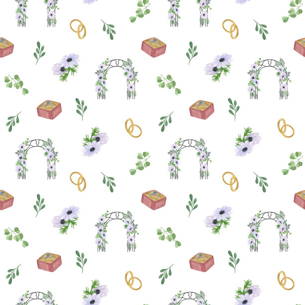 婚礼拱门，白色的银莲花花，金色的戒指，绿叶无缝图案，手绘水彩插图简单绘制为情人节装饰，贺卡，礼品纸，纺织品，织物图片下载