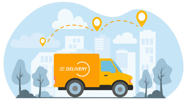 黄色的货车在一个城市里运送包裹。快速交付概念图片下载