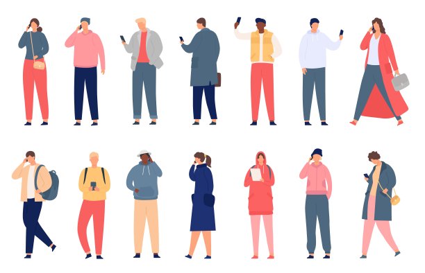 人群持有智能手机。走路或站着的人都在发短信、查看社交媒体和打电话。现代平面字符向量集图片下载