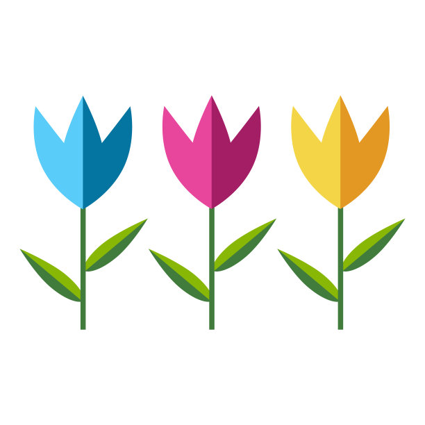 三株郁金香，粉红色、蓝色和黄色，叶子是绿色的。花卉设计元素3月8日妇女节快乐。矢量插图在一个平面风格孤立在白色背景。图片下载