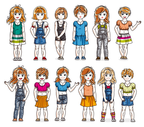 可爱的小女孩穿着不同的休闲装站在全身和摆姿势矢量插图孤立大集，快乐美丽的孩子绘画收藏，人多元化的孩子。图片下载