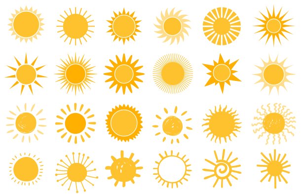 卡通太阳图标。平面和手绘的夏天符号。阳光形状的标志。早晨太阳剪影和晴天天气元素向量集图片下载