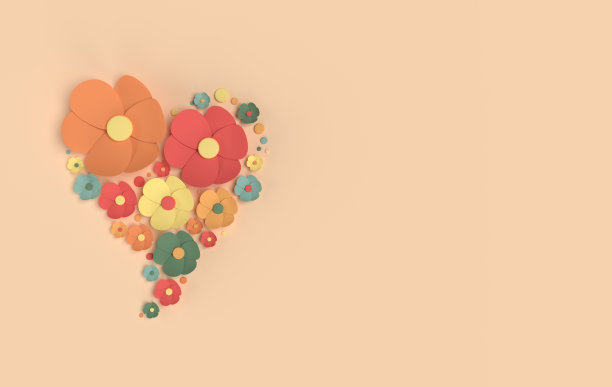 纸优雅的花米色背景。情人节，复活节，母亲节，结婚贺卡。3d渲染春天或夏天的花朵插图在纸艺术风格，心形图片下载