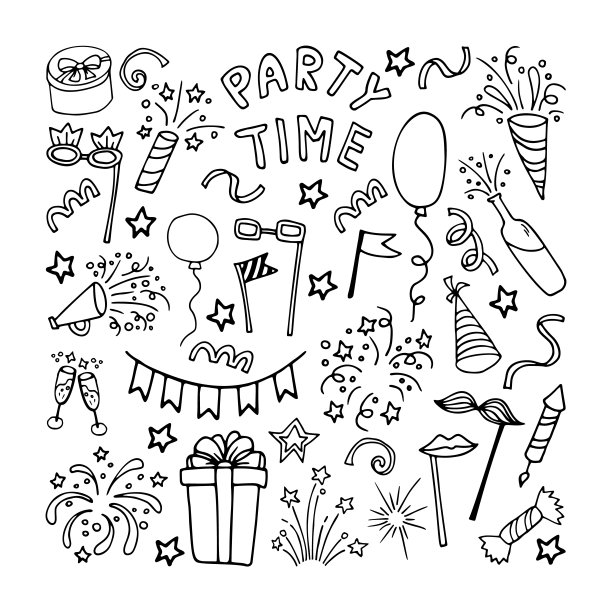 大型庆典剪影集。派对时间涂鸦剪纸与烟花，派对帽，生日蛋糕，节日礼盒。手绘图标图片下载