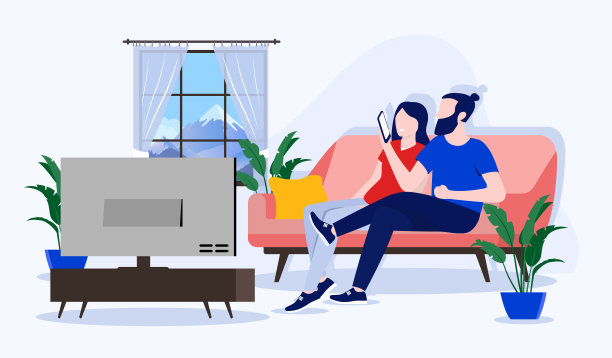 一对夫妇在沙发上-男人和女人在家里看电视和看电话图片下载