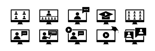 在线培训矢量图标。网上学校。视频会议。互联网网络研讨会。视频电话的研究。计算机远程教育。笔记本电脑类媒体课程。孤立的白色背景。图片下载