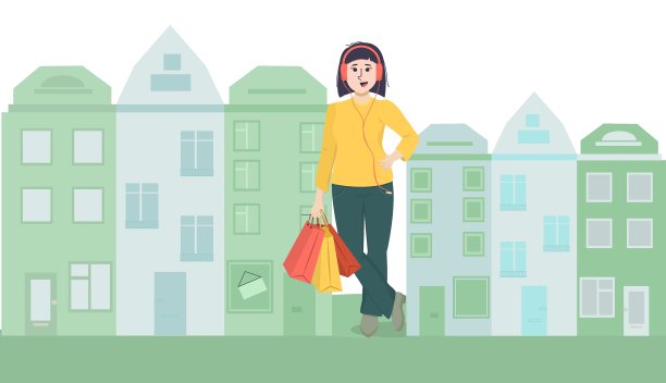 站在两所房子之间的是一位面带微笑的年轻亚洲女子，她戴着耳机，手里拿着五颜六色的包。以销售和购物为主题的插图图片下载