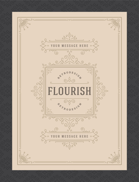 复古装饰贺卡，书法华丽的漩涡和小图案框架设计矢量模板图片下载