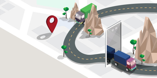智能物流的概念是一个等距版本的固定地图，通知位置和卡车通过智能手机导航设备在道路上通过山脉和树木图片下载