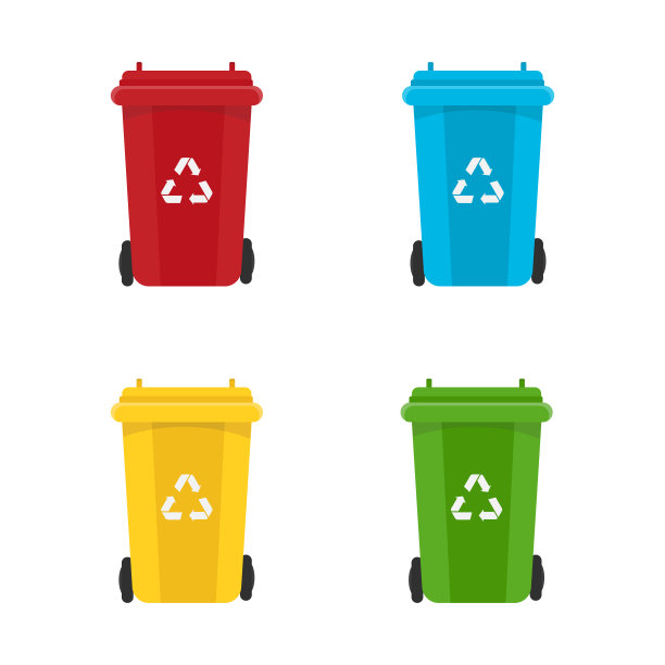 不同颜色的回收箱，废物管理概念孤立在白色背景。图片下载