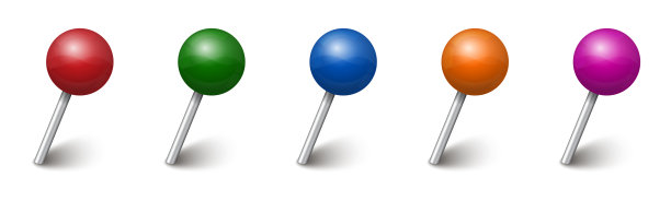 针设置与阴影孤立在白色背景。矢量3d彩色塑料推针，缝纫针或纸板大头针纸通知。固定在一个角度矢量上的钉钉图片下载