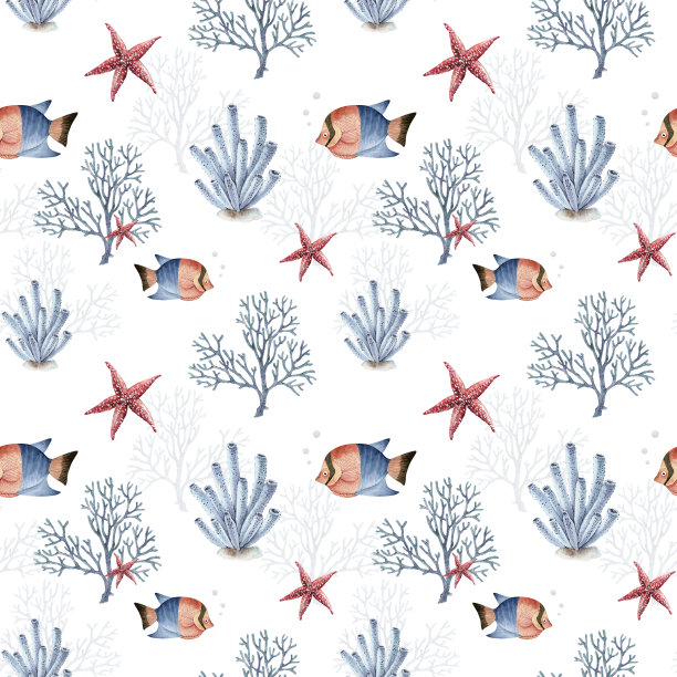 无缝图案在海洋风格与彩色的鱼和珊瑚在白色的背景，插图水彩手绘图片下载