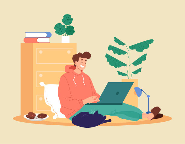 男学生工作者呆在家里看学习视频和工作。自由职业者远程教育理念。矢量图形设计抽象插图图片下载
